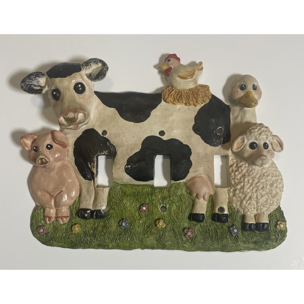 Rustic Farmhouse Animals 3 Slot Light Switch Cover Vintage Cow Chicken Pig Duck